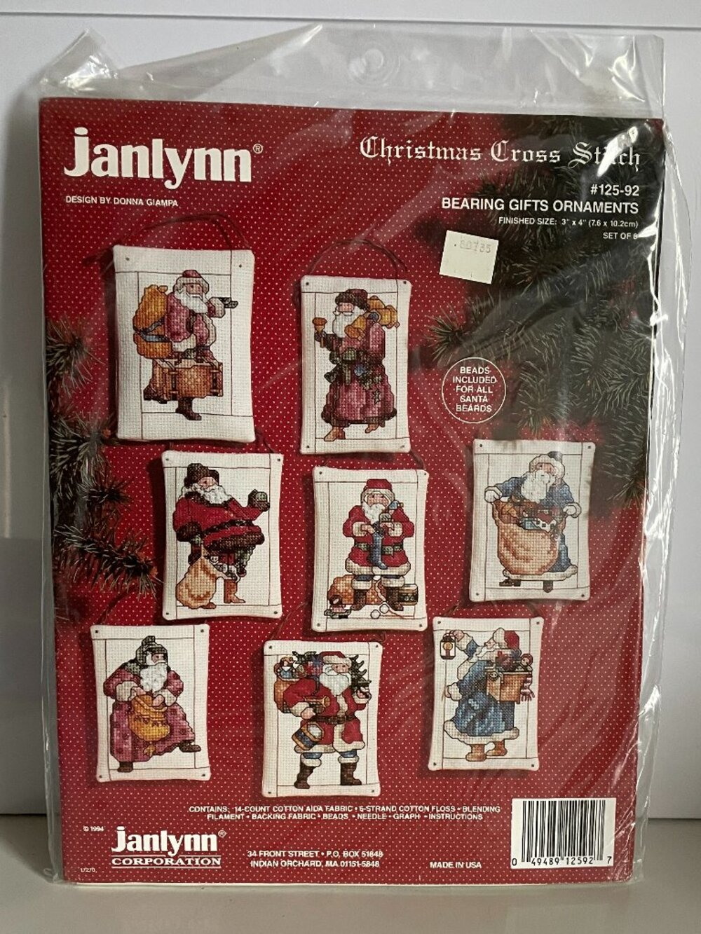 Christmas Cross Stitch Kit Janlynn Santa Bearing Gifts Ornaments 1994 Vtg - 90s